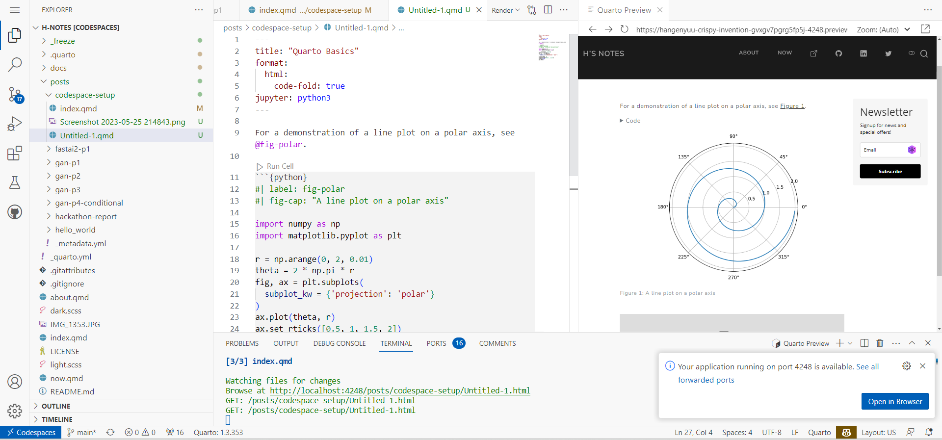 H’s notes - Set up Quarto on the cloud with Github Codespace